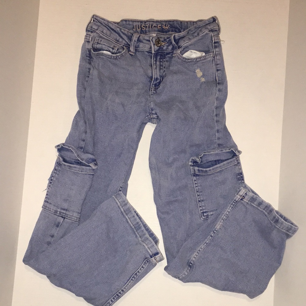 Justice Girls' Light Blue Distressed Cargo Jeans